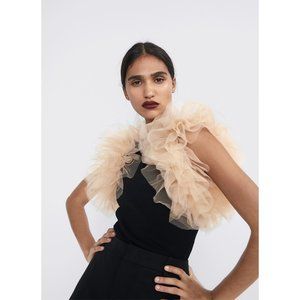 Zara Ribbed Knit Bodysuit With Tulle Trim Sleeves